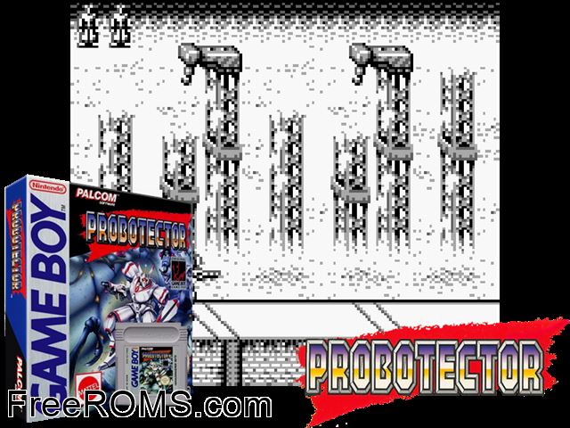 Probotector Gameboy Color game showing 3D box cover and gameplay screenshot