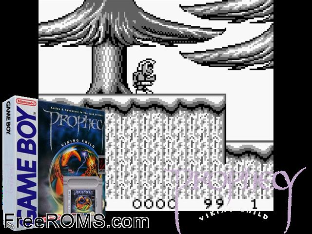 Prophecy - The Viking Child Gameboy Color game showing 3D box cover and gameplay screenshot