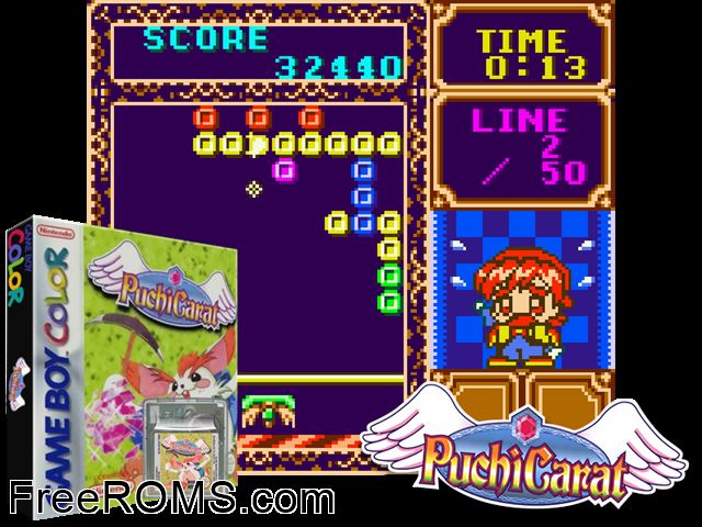 Puchi Carat Gameboy Color game showing 3D box cover and gameplay screenshot