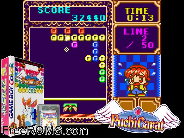 Puchi Carat (Japan) Gameboy Color game showing 3D box cover and gameplay screenshot