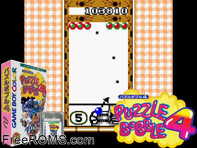 Puzzle Bobble 4 (Japan) Gameboy Color game showing 3D box cover and gameplay screenshot