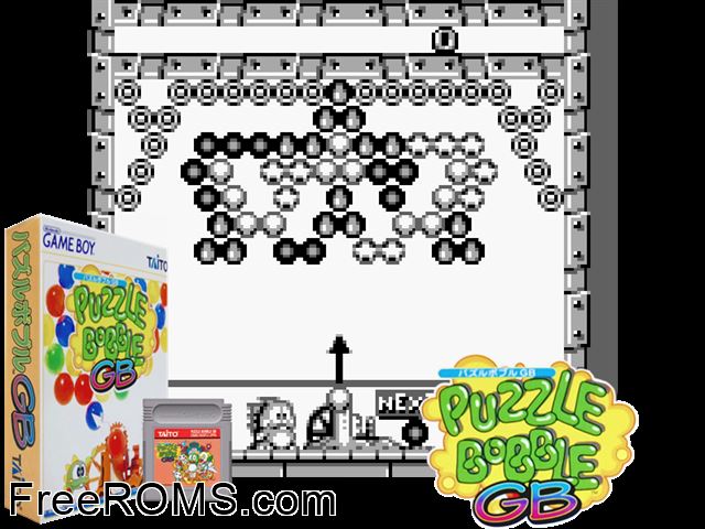 Puzzle Bobble Gb (Japan) Gameboy Color game showing 3D box cover and gameplay screenshot
