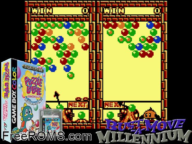 Puzzle Bobble Millennium (Japan) Gameboy Color game showing 3D box cover and gameplay screenshot