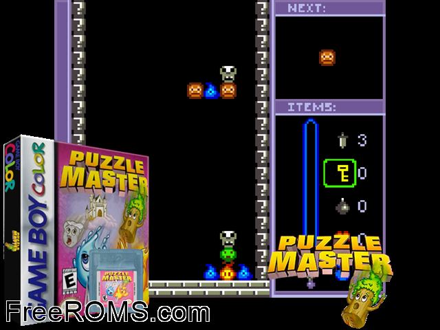 Puzzle Master Gameboy Color game showing 3D box cover and gameplay screenshot