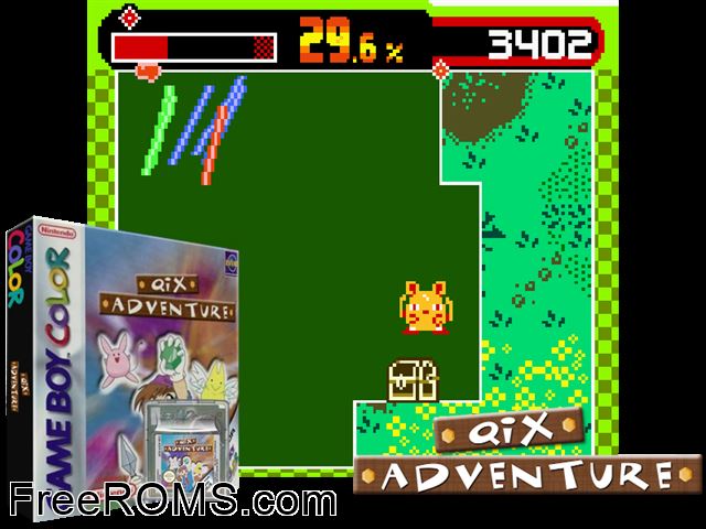 Qix Adventure Gameboy Color game showing 3D box cover and gameplay screenshot