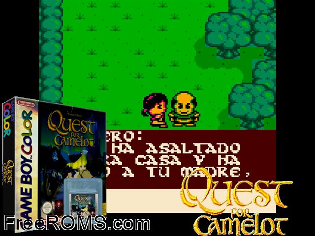 Quest For Camelot Gameboy Color game showing 3D box cover and gameplay screenshot