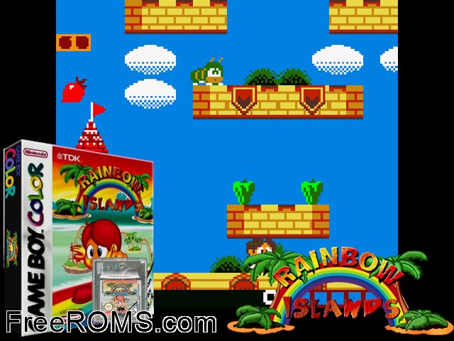 Rainbow Islands Gameboy Color game showing 3D box cover and gameplay screenshot