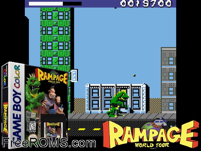 Rampage - World Tour Gameboy Color game showing 3D box cover and gameplay screenshot