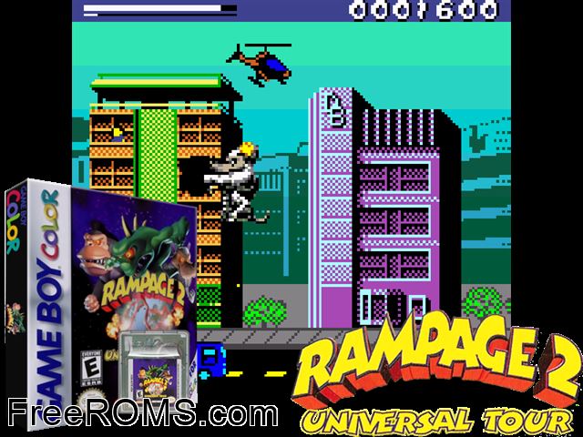 Rampage 2 - Universal Tour Gameboy Color game showing 3D box cover and gameplay screenshot