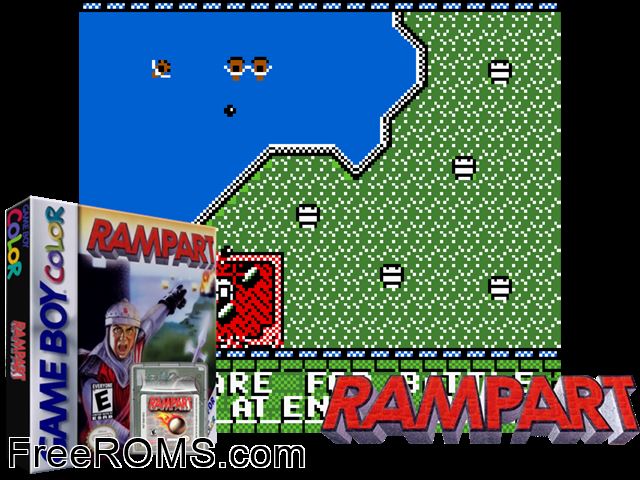 Rampart Gameboy Color game showing 3D box cover and gameplay screenshot