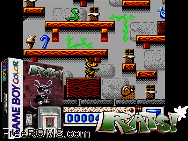 Rats! Gameboy Color game showing 3D box cover and gameplay screenshot