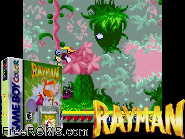 Rayman Gameboy Color game showing 3D box cover and gameplay screenshot