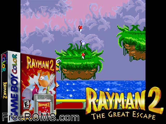 Rayman 2 - The Great Escape Gameboy Color game showing 3D box cover and gameplay screenshot