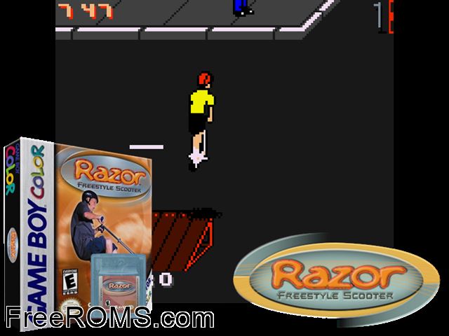 Razor Freestyle Scooter Gameboy Color game showing 3D box cover and gameplay screenshot