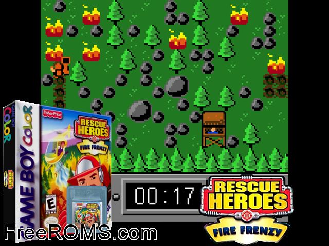 Rescue Heroes - Fire Frenzy Gameboy Color game showing 3D box cover and gameplay screenshot