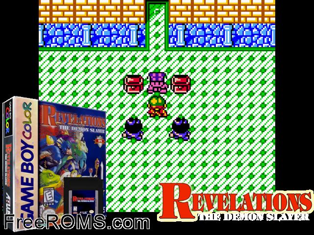 Revelations - The Demon Slayer Gameboy Color game showing 3D box cover and gameplay screenshot