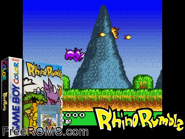 Rhino Rumble Gameboy Color game showing 3D box cover and gameplay screenshot