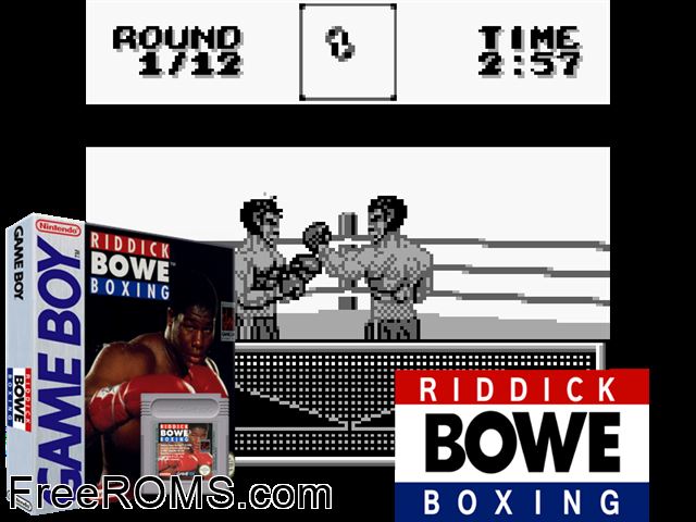 Riddick Bowe Boxing Gameboy Color game showing 3D box cover and gameplay screenshot