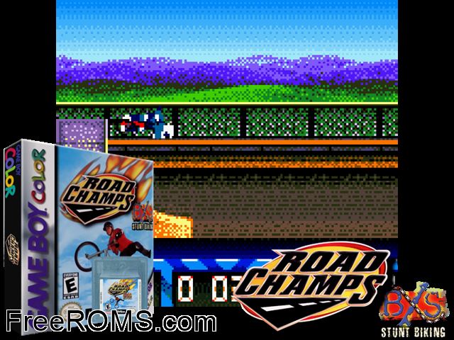 Road Champs - Bxs Stunt Biking Gameboy Color game showing 3D box cover and gameplay screenshot