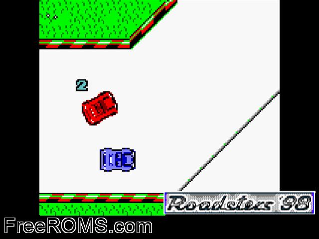 Roadsters 98 Gameboy Color game showing 3D box cover and gameplay screenshot