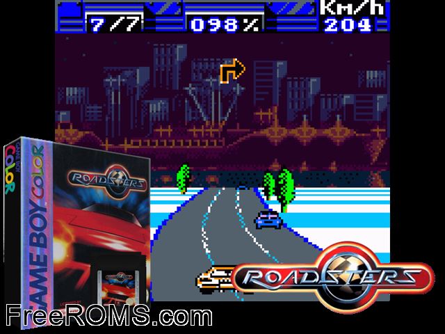 Roadsters Trophy Gameboy Color game showing 3D box cover and gameplay screenshot
