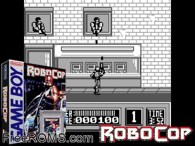 Robocop (V1.0) Gameboy Color game showing 3D box cover and gameplay screenshot