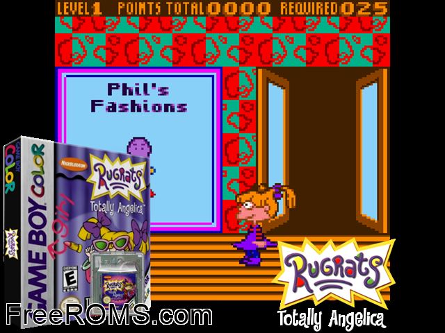 Rugrats - Totally Angelica Gameboy Color game showing 3D box cover and gameplay screenshot