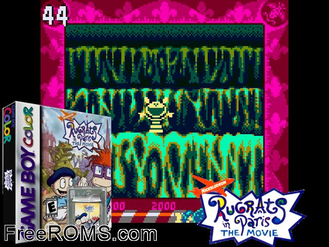 Rugrats In Paris - The Movie Gameboy Color game showing 3D box cover and gameplay screenshot