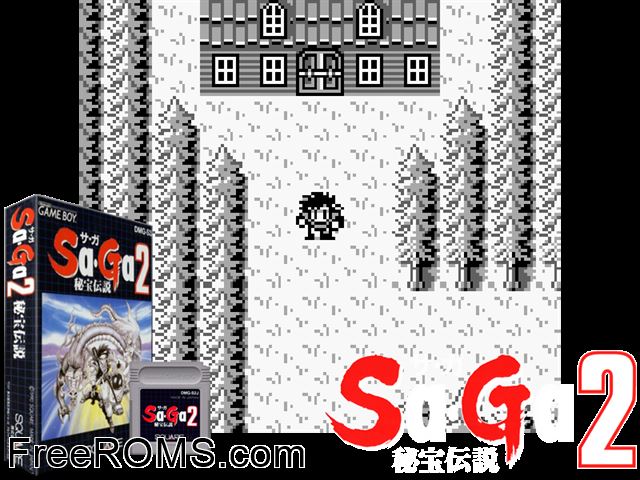 Saga 2 - Hihou Densetsu (Japan) (V1.1) Gameboy Color game showing 3D box cover and gameplay screenshot