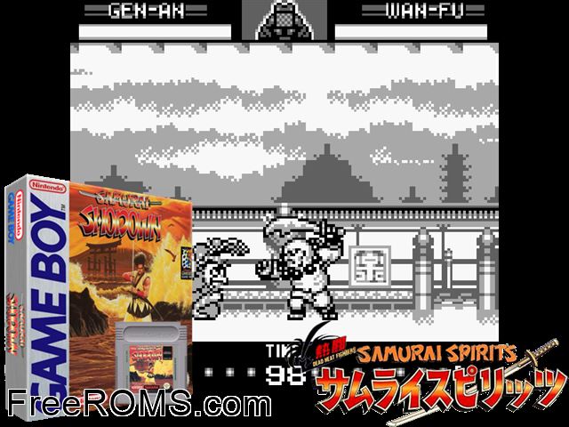 Samurai Shodown Gameboy Color game showing 3D box cover and gameplay screenshot