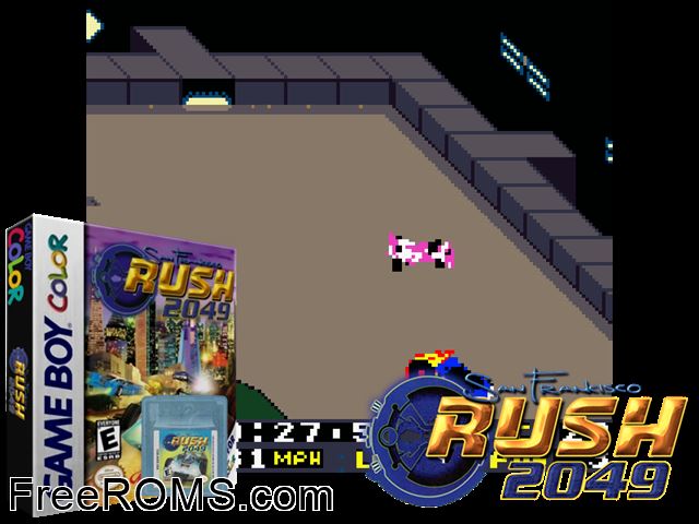 San Francisco Rush 2049 Gameboy Color game showing 3D box cover and gameplay screenshot