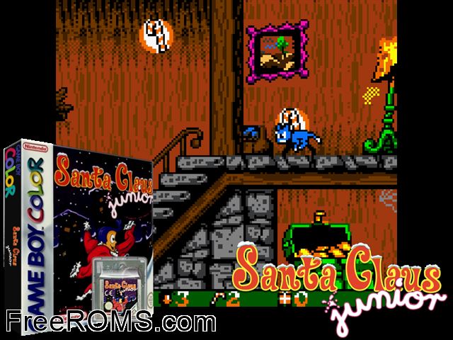 Santa Claus Junior Gameboy Color game showing 3D box cover and gameplay screenshot