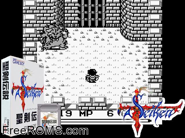 Seiken Densetsu (Japan) Gameboy Color game showing 3D box cover and gameplay screenshot