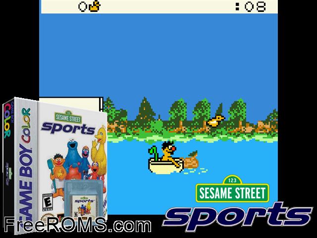 Sesame Street Sports Gameboy Color game showing 3D box cover and gameplay screenshot