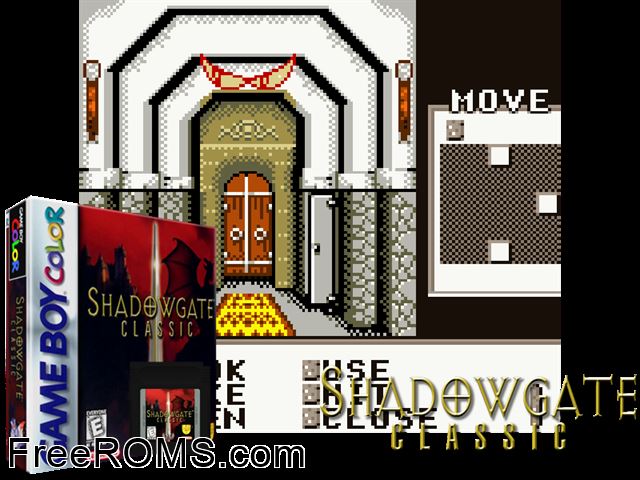Shadowgate Classic (V1.1) Gameboy Color game showing 3D box cover and gameplay screenshot