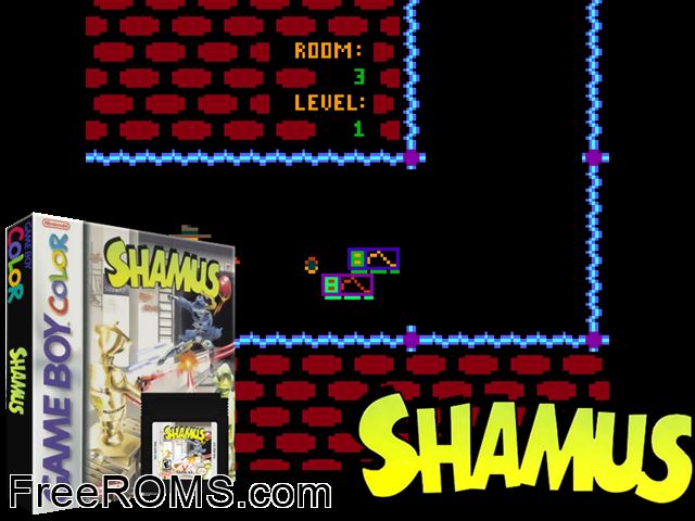 Shamus Gameboy Color game showing 3D box cover and gameplay screenshot