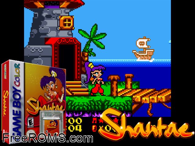 Shantae Gameboy Color game showing 3D box cover and gameplay screenshot