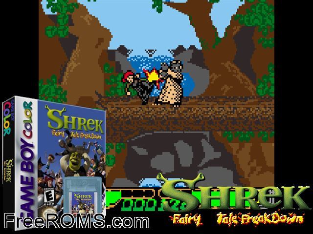 Shrek - Fairy Tale Freakdown Gameboy Color game showing 3D box cover and gameplay screenshot