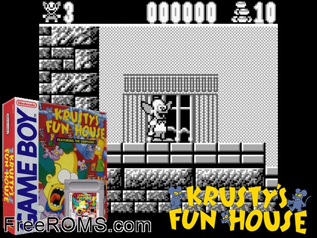 Simpsons, The - Krustys Funhouse Gameboy Color game showing 3D box cover and gameplay screenshot