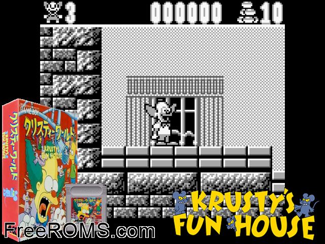 Simpsons, The - Krustys Funhouse (Japan) Gameboy Color game showing 3D box cover and gameplay screenshot