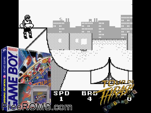 Skate Or Die - Tour De Thrash Gameboy Color game showing 3D box cover and gameplay screenshot