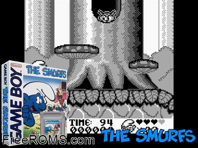 Smurfs, The (V1.1) Gameboy Color game showing 3D box cover and gameplay screenshot