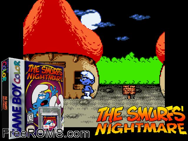 Smurfs Nightmare, The Gameboy Color game showing 3D box cover and gameplay screenshot