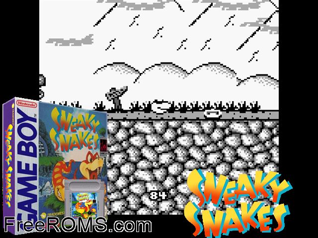 Sneaky Snakes Gameboy Color game showing 3D box cover and gameplay screenshot