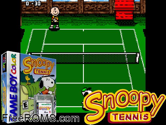 Snoopy Tennis Gameboy Color game showing 3D box cover and gameplay screenshot