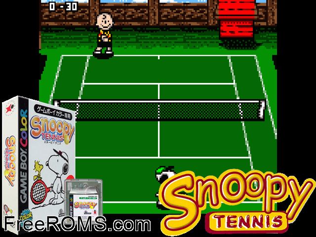 Snoopy Tennis (Japan) Gameboy Color game showing 3D box cover and gameplay screenshot