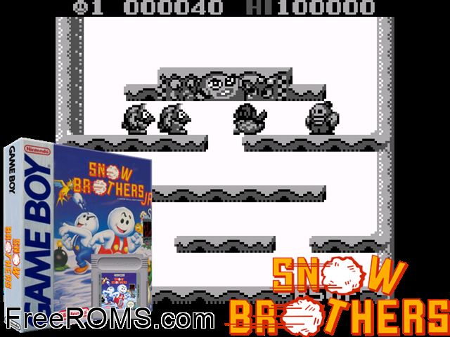 Snow Bros. Jr. Gameboy Color game showing 3D box cover and gameplay screenshot