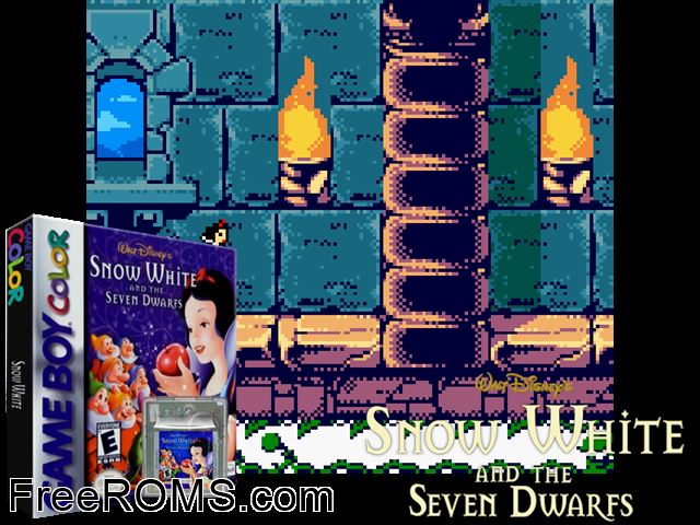 Snow White And The Seven Dwarfs Gameboy Color game showing 3D box cover and gameplay screenshot