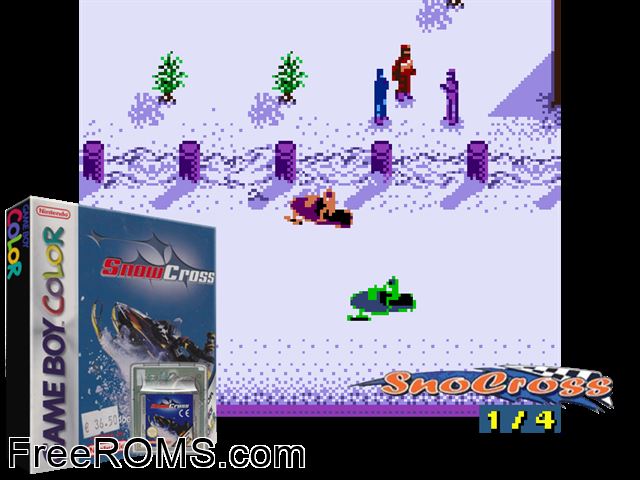 Snowcross Gameboy Color game showing 3D box cover and gameplay screenshot