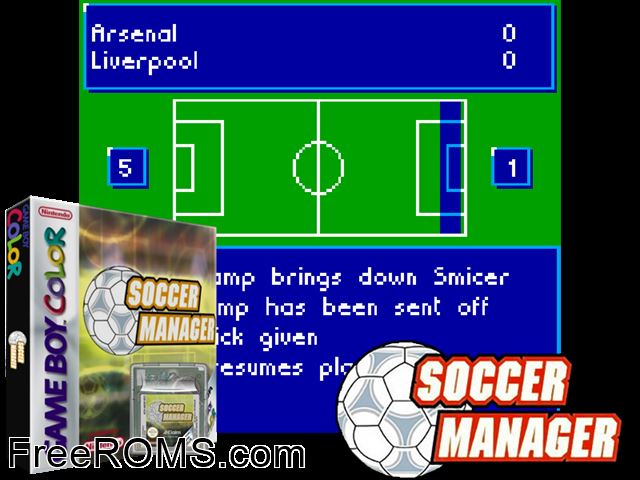 Soccer Manager Gameboy Color game showing 3D box cover and gameplay screenshot